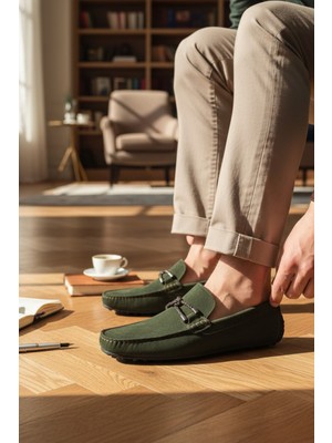 Enoch Hakiki Süet Haki Deri Bağcıklı ve Esnek Tabanlı Erkek Comfort Loafer