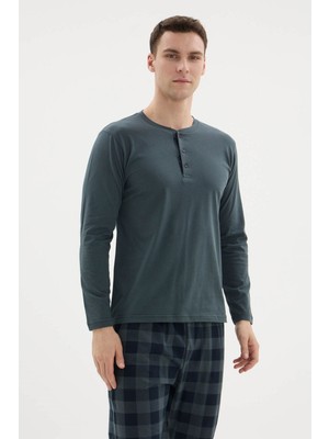 Purificado %100 Pamuk Yeni Sezon 2026 4 Mevsim Midi Yaka Erkek Pijama Takımı