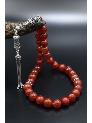 Prestige Gümüş Doğal Akik Taşlı Tesbih 925 Ayar Gümüş Püsküllü 10MM Küre Kesim 902576