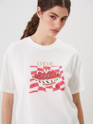 Lc Waikiki Yeni Sezon Bisiklet Yaka Kiraz Baskılı Kadın Tişört