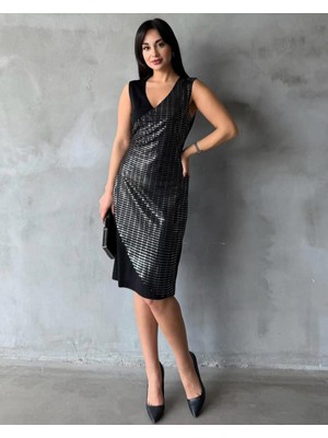 Zy Plus Siyah Pırıltılı V Yaka Kolsus Kısa Şık Abiye Elbise