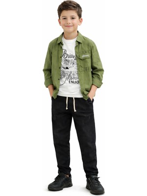 İrem Çocuk Giyim Erkek Çocuk Brand Yazı Katlamalı Kol Gömlekli Beli Lastikli Kot Pantolon Tişört Haki Renk Üçlü Takım