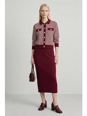 Rays 6425 Çizgili Düğmeli Etek Takım Bordo