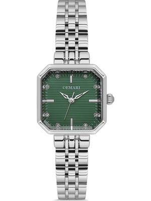 Demari Kadın Kol Saati Quartz Mekanizma – Gümüş Renk Kare Kasa Çizgili Yeşil Kadran Taş Detaylı DM-00114L-A10