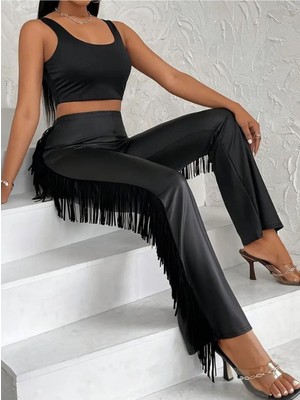 byasafkids Kadın Yüksek Bel Yanlardan Püsküllü Deri Pantolon