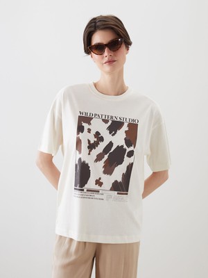 Lc Waikiki Yeni Sezon Bisiklet Yaka Baskılı Oversize Kadın Tişört