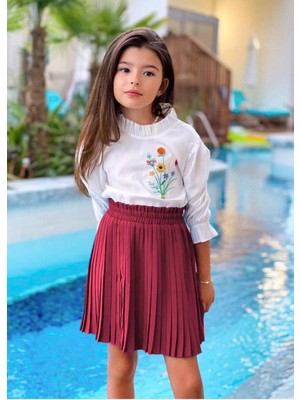 Aden Nakışlı Poplin Üst Pileli Etek 2'li Kız Çocuk Takım