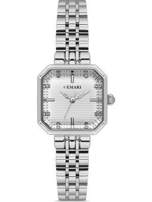 Demari Kadın Kol Saati Quartz Mekanizma – Gümüş Renk Kare Kasa Çizgili Beyaz Kadran Taş Detaylı DM-00114L-A1