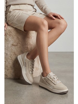 Marjin Kadın Sneaker Yüksek Taban Spor Ayakkabı Loske Bej Süet