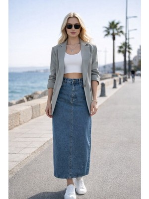 Dema Effectli Yüksek Bel Bilek Boy Denim Etek – Tesettüre Uygun, Düz Kesim, Günlük & Şık Kadın Denim Etek