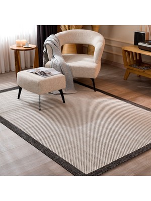 Fresco Ekru Siyah İskandinav Jüt Yıkanabilir Halı Kilim Balkon Teras Mutfak Salon Koridor Halısı 23745A