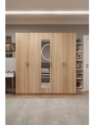 Asra Trend MDF 5 Kapaklı, 2 Çekmeceli, Aynalı Gardırop - 200x208x53cm, Geniş Kıyafet Dolabı, G-04