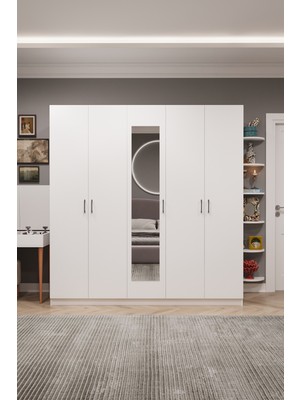 Asra Trend Lüks 5 Kapaklı Çekmeceli Gardırop %100 MDF Askılı Aynalı Düzenleyici Elbise Dolabı G-04