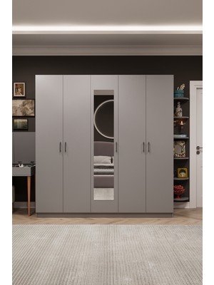 Asra Trend MDF 5 Kapaklı, 2 Çekmeceli, Aynalı Gardırop - 200x218x53cm, Geniş Kıyafet Dolabı, G-04
