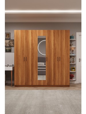 Asra Trend MDF 5 Kapaklı, 2 Çekmeceli, Aynalı Gardırop - 200x218x53cm, Geniş Kıyafet Dolabı, G-04