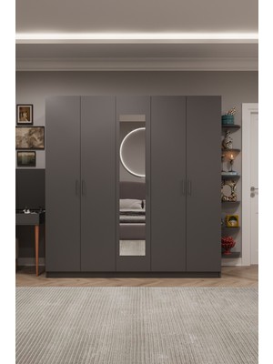 Asra Trend MDF 5 Kapaklı, 2 Çekmeceli, Aynalı Gardırop - 200x218x53cm, Geniş Kıyafet Dolabı, G-04