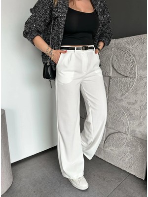 Madame Melek Kadın Yüksek Bel Kemerli Bol Paça Kumaş Pantolon Gri