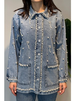 Lale Butik Taş ve Inci Detay Kot Ceket 7444 Denim
