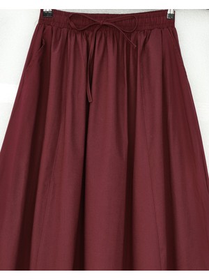 Modamorfo Beli Lastikli Bağcıklı Cepli Dikiş Detaylı Etek  -Bordo