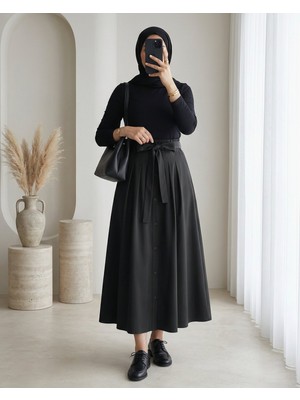 Modamorfo Önü Düğmeli Bağcıklı Paraşüt Etek -Siyah