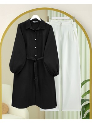 Modamorfo Kolu Lastikli Beli Bağcıklı Uzun Müslin Tunik -Siyah