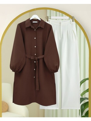 Modamorfo Kolu Lastikli Beli Bağcıklı Uzun Müslin Tunik -Kahve