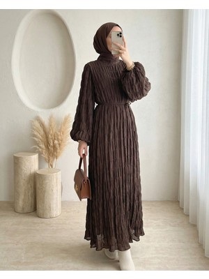 Modamorfo Içi Astarlı Kolu Lastikli Gipeli Modal Elbise -K. Kahve