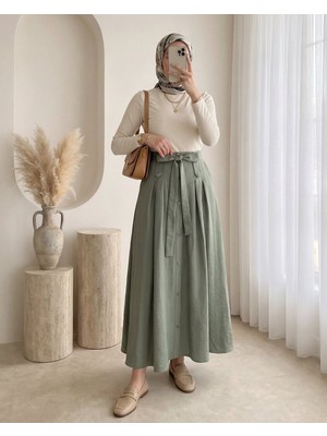 Modamorfo Önü Düğmeli Bağcıklı Paraşüt Etek -Haki