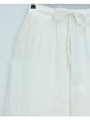 Modamorfo Beli Lastikli Bağcıklı Bol Paça Müslin Pantolon  -Ekru