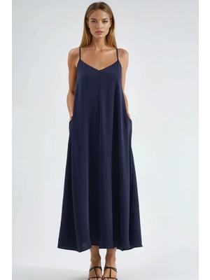 Hiccup Kadın V -Yaka A-Form Maxi Elbise Lacivert