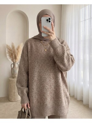 Modamorfo Yarım Boğazlı Yumoş Salaş Triko Kazak  -Vizon