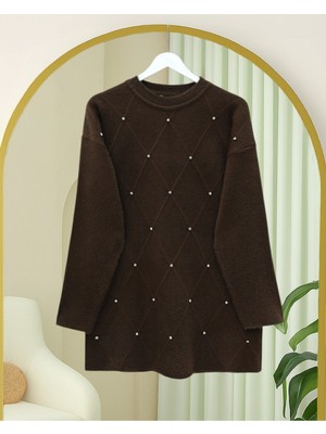 Modamorfo Taş Detaylı Baklava Desen Sakallı Triko Tunik -Kahve