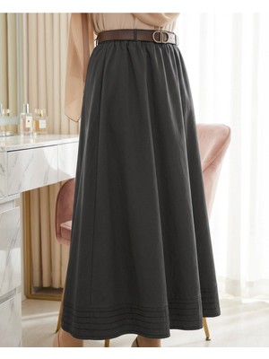 Modamorfo Etek Ucu Dikiş Detaylı Beli Lastikli Astarlı İthal Soft Gabardin Etek -Siyah