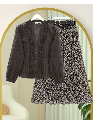 Modamorfo V Yaka Önü Fırfırlı Tensel Yari Transparan Buket Gömlek -K. Kahve