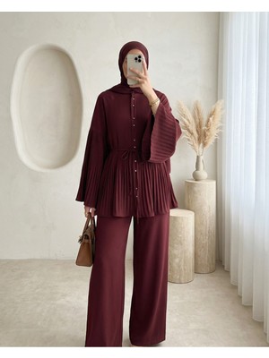 Modamorfo Piliseli Hakim Yaka Düğmeli Krep Takım -Bordo