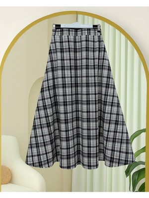 Modamorfo Beli Lastikli Ekose Desenli Poliviskon Etek -Siyah
