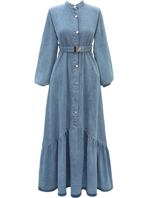 Modamorfo Lastik Kemerli Düğmeli Uzun Kot Elbise -Buz Mavi