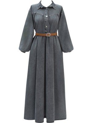 Modamorfo Yarım Düğmeli Kolu Lastikli Kemerli Kot Elbise -Füme