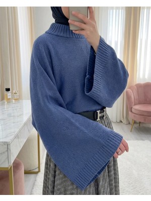 Modamorfo Yarım Boğaz Krop Triko Kazak -Indigo