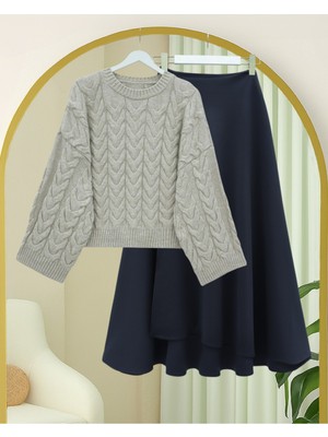 Modamorfo Örgü Desenli Salaş Krop Triko Kazak -Taş