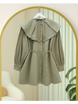 Modamorfo Geniş Yakalı Biyeli Kemerli Düğmeli Gömlek -Vizon