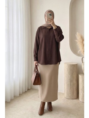 Modamorfo Oval Kesim Tensel Cupra Gömlek  -Kahve