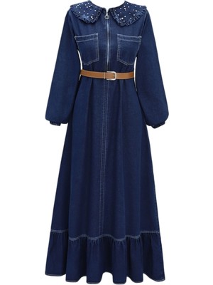 Modamorfo Bebe Yaka Yarım Fermuarlı Inci Detaylı Kemerli Kot Elbise -Laci