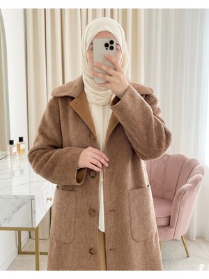 Moda Morfo Boydan Düğmeli Cepli Kaban    -Taba