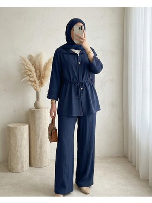 Modamorfo Tünel Bağcıklı Beli Lastikli Pantolonlu Pamuklu Krinkıl Takım -Laci