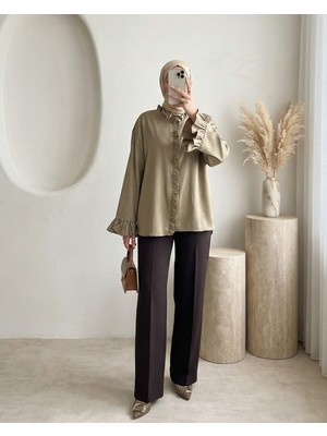 Modamorfo Arkası Uzun Kolu Ve Önü Fırfırlı Gömlek -Vizon