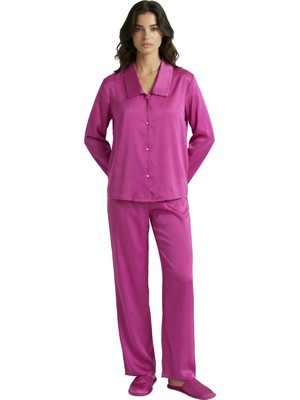 Feu De Elu Amoris Fuşya Uzun Saten Pijama Takımı