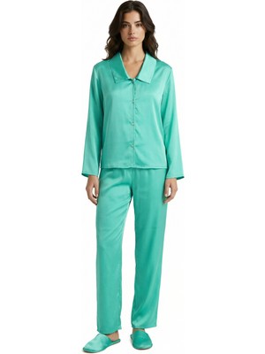 Feu De Elu Amoris Turkuaz Uzun Saten Pijama Takımı