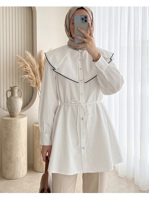 Modamorfo Geniş Yakalı Biyeli Kemerli Düğmeli Gömlek -Beyaz