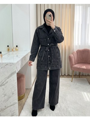 Moda Morfo Cepli Önü Düğmeli Beli Kemerli Taşlı Kot Takım -Antrasit